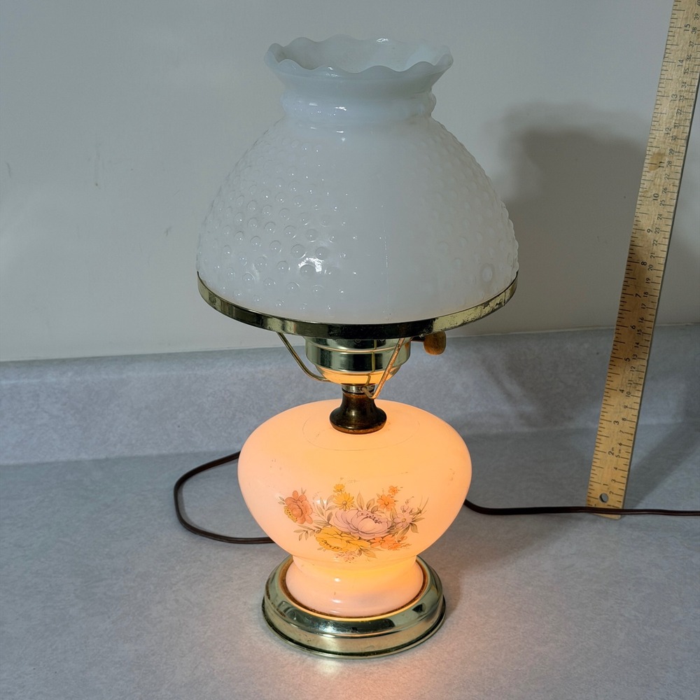 Vintage Milk Glass Hobnail Hurricane Lamp Floral Base‎ Dual Light 15 Inch - Picture 2 of 8